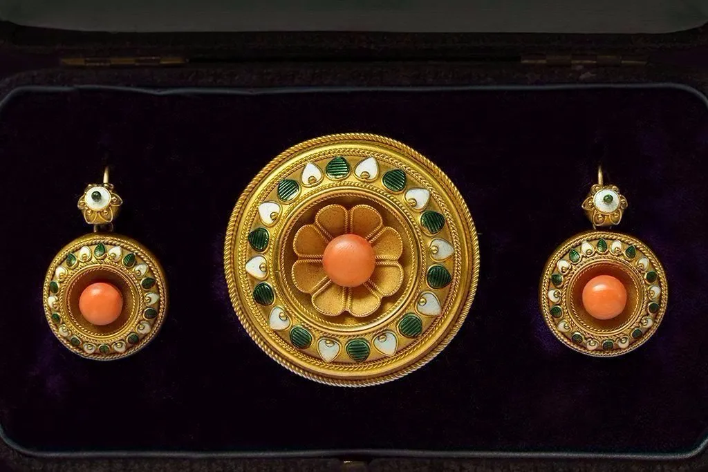 Mid Victorian Coral Enamel Brooch & Earrings Set