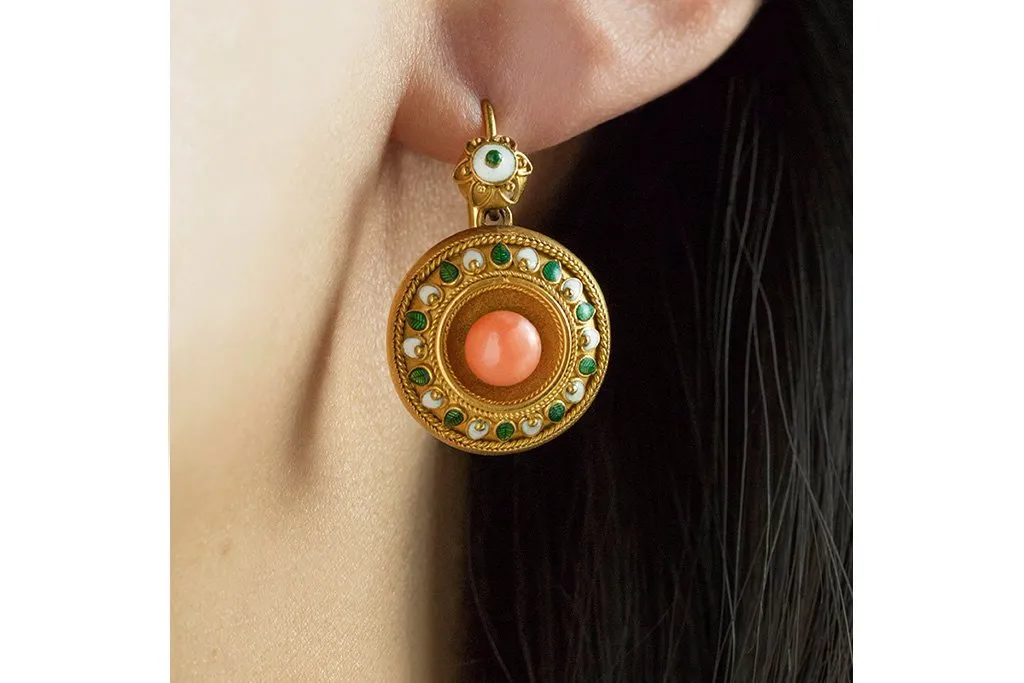 Mid Victorian Coral Enamel Brooch & Earrings Set