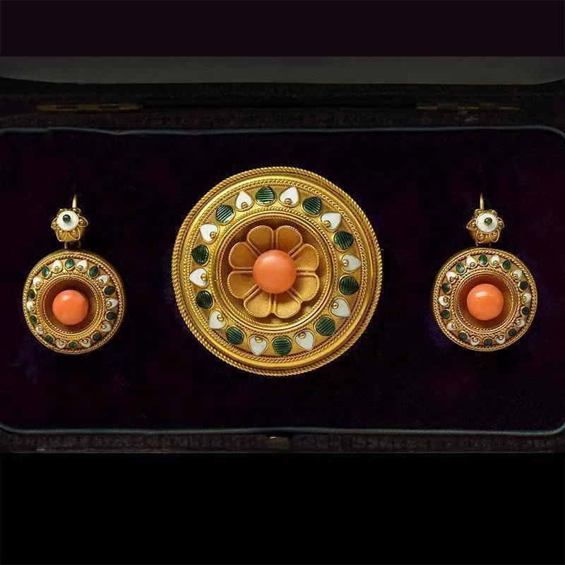 Mid Victorian Coral Enamel Brooch & Earrings Set