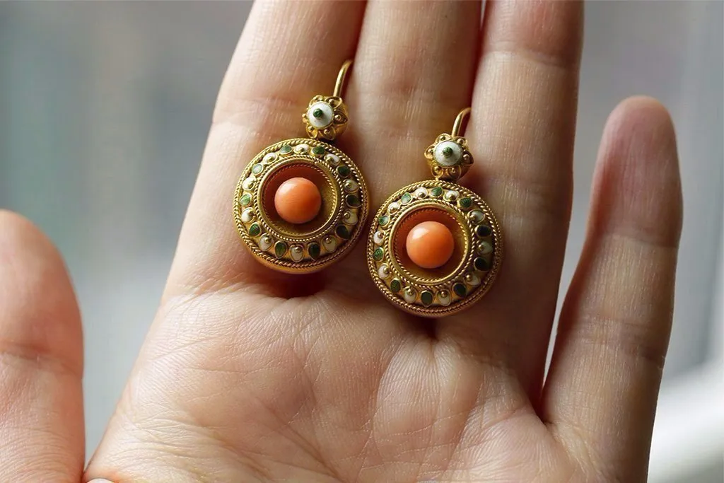 Mid Victorian Coral Enamel Brooch & Earrings Set