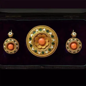 Mid Victorian Coral Enamel Brooch & Earrings Set