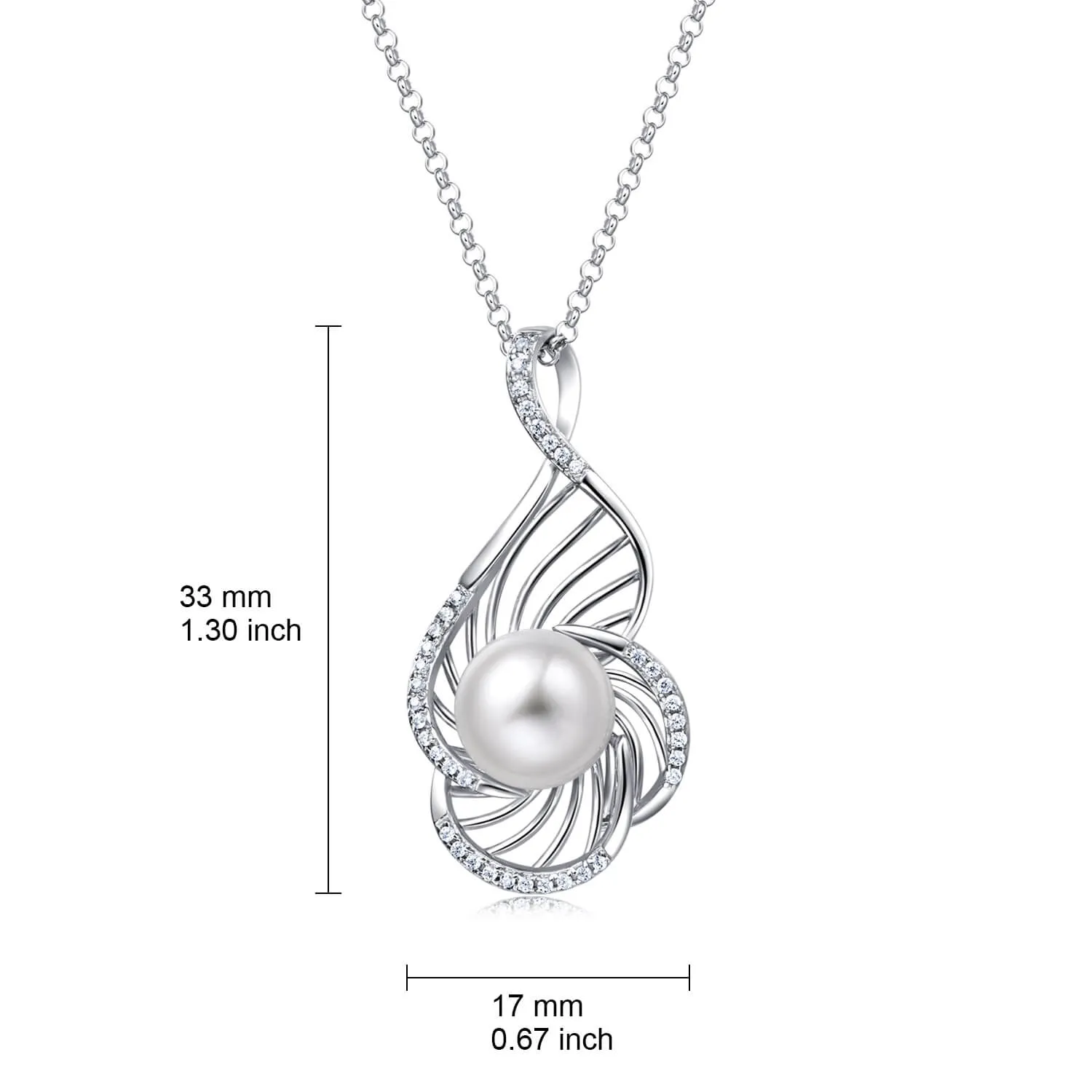 Molah Silver Freshwater Pearl and Cubic Zirconia Swirl Pendant Necklace