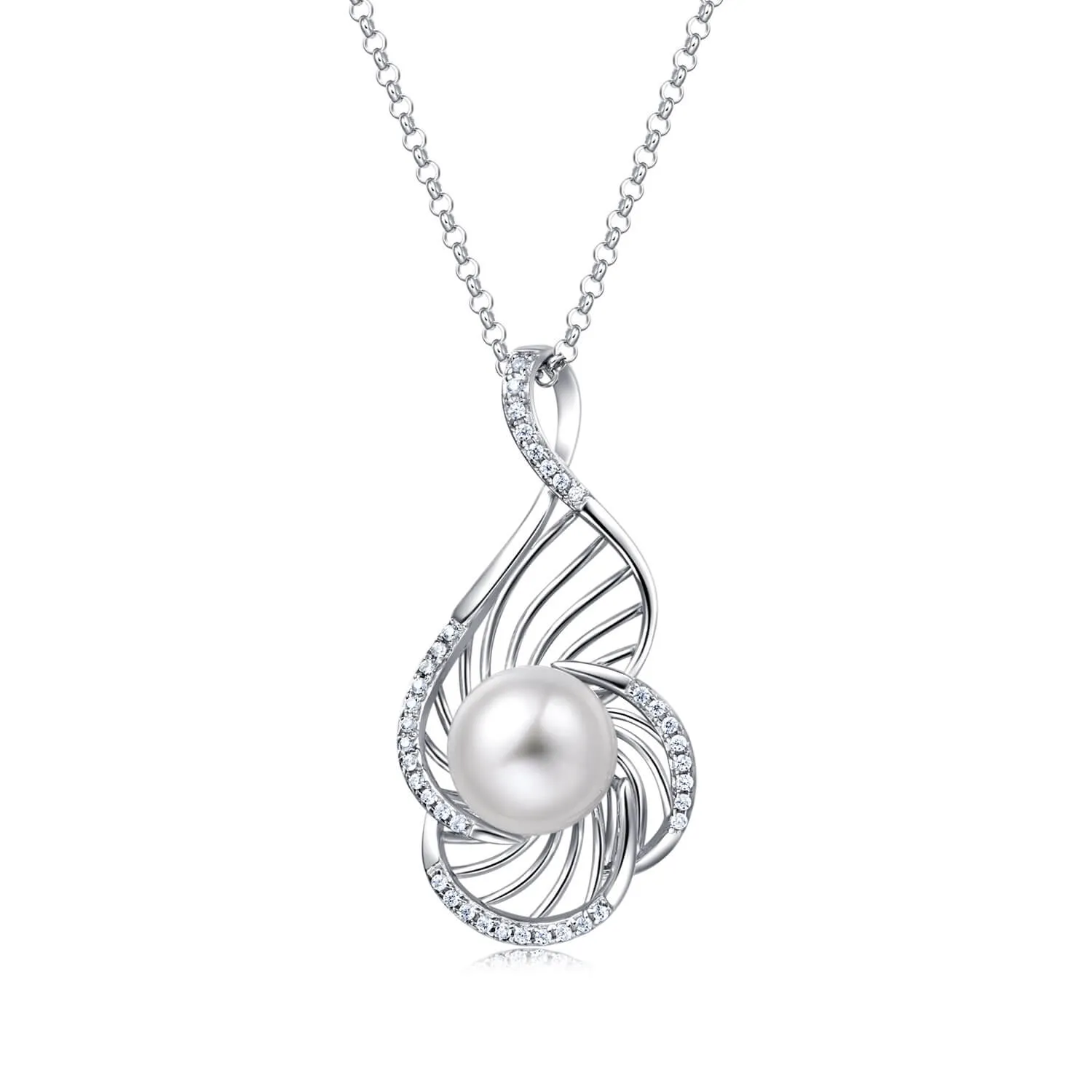 Molah Silver Freshwater Pearl and Cubic Zirconia Swirl Pendant Necklace