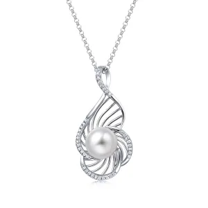 Molah Silver Freshwater Pearl and Cubic Zirconia Swirl Pendant Necklace