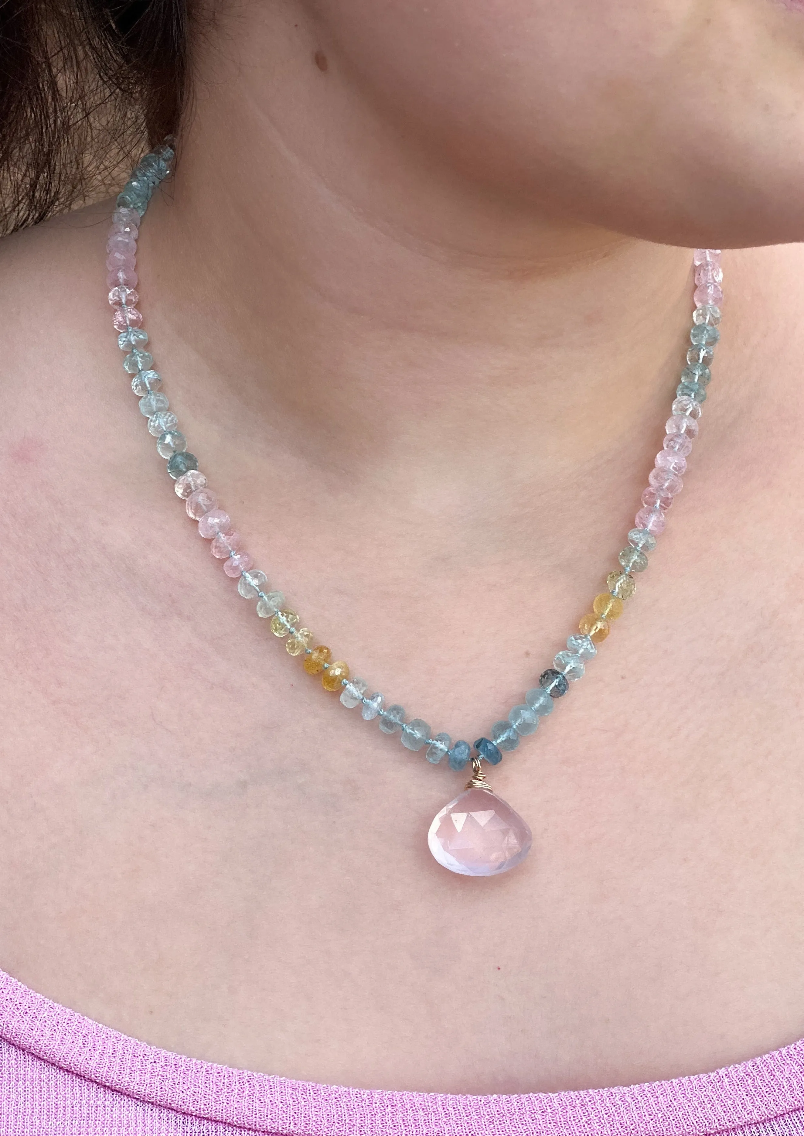 Morganite and Aquamarine Necklace with Rose Quartz Pendant