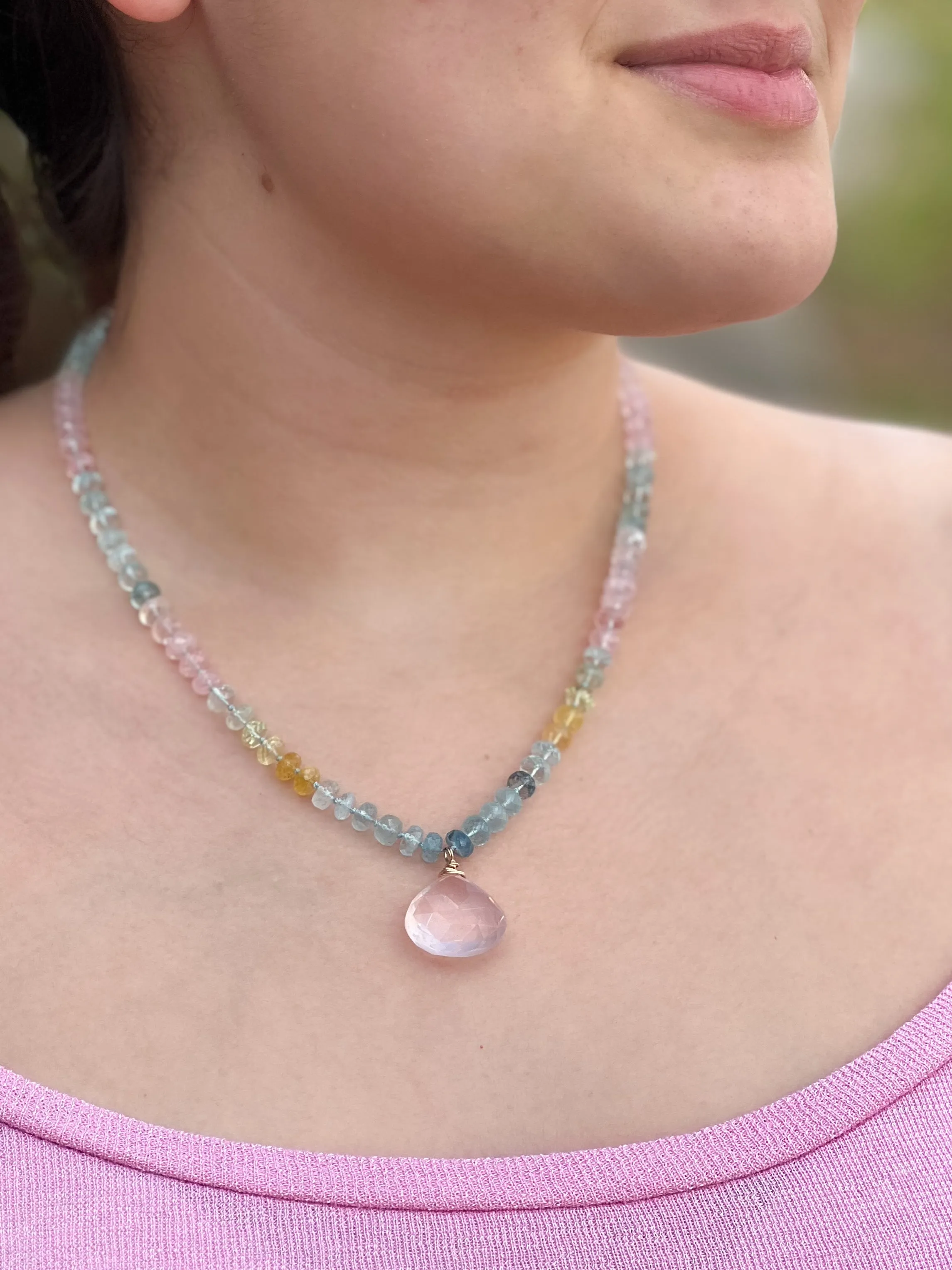 Morganite and Aquamarine Necklace with Rose Quartz Pendant