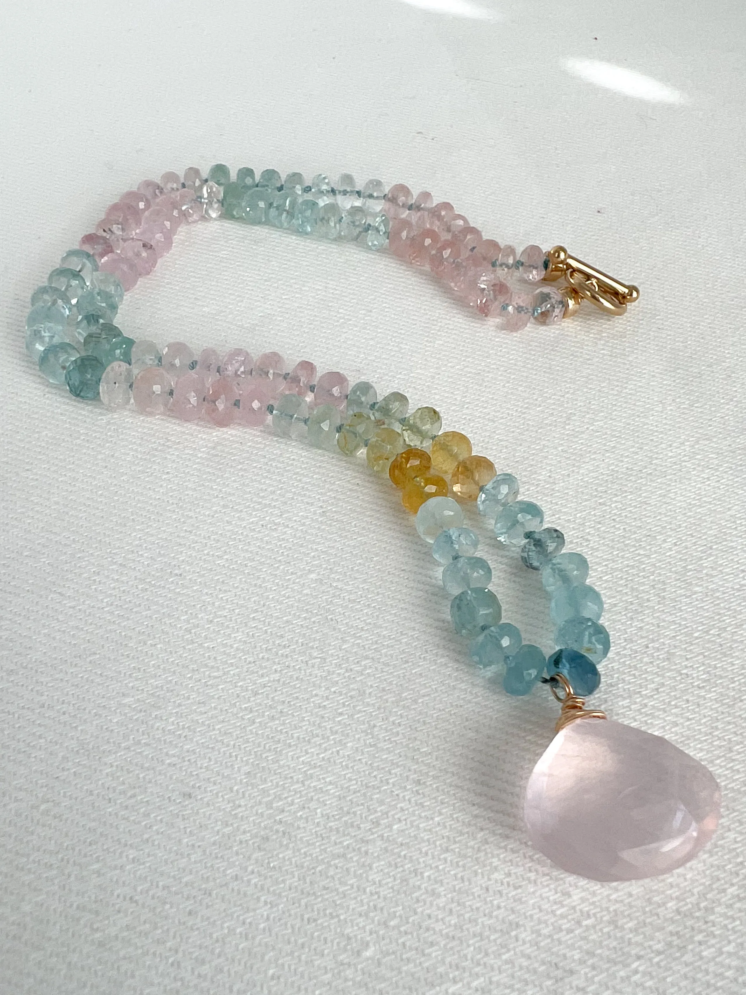 Morganite and Aquamarine Necklace with Rose Quartz Pendant