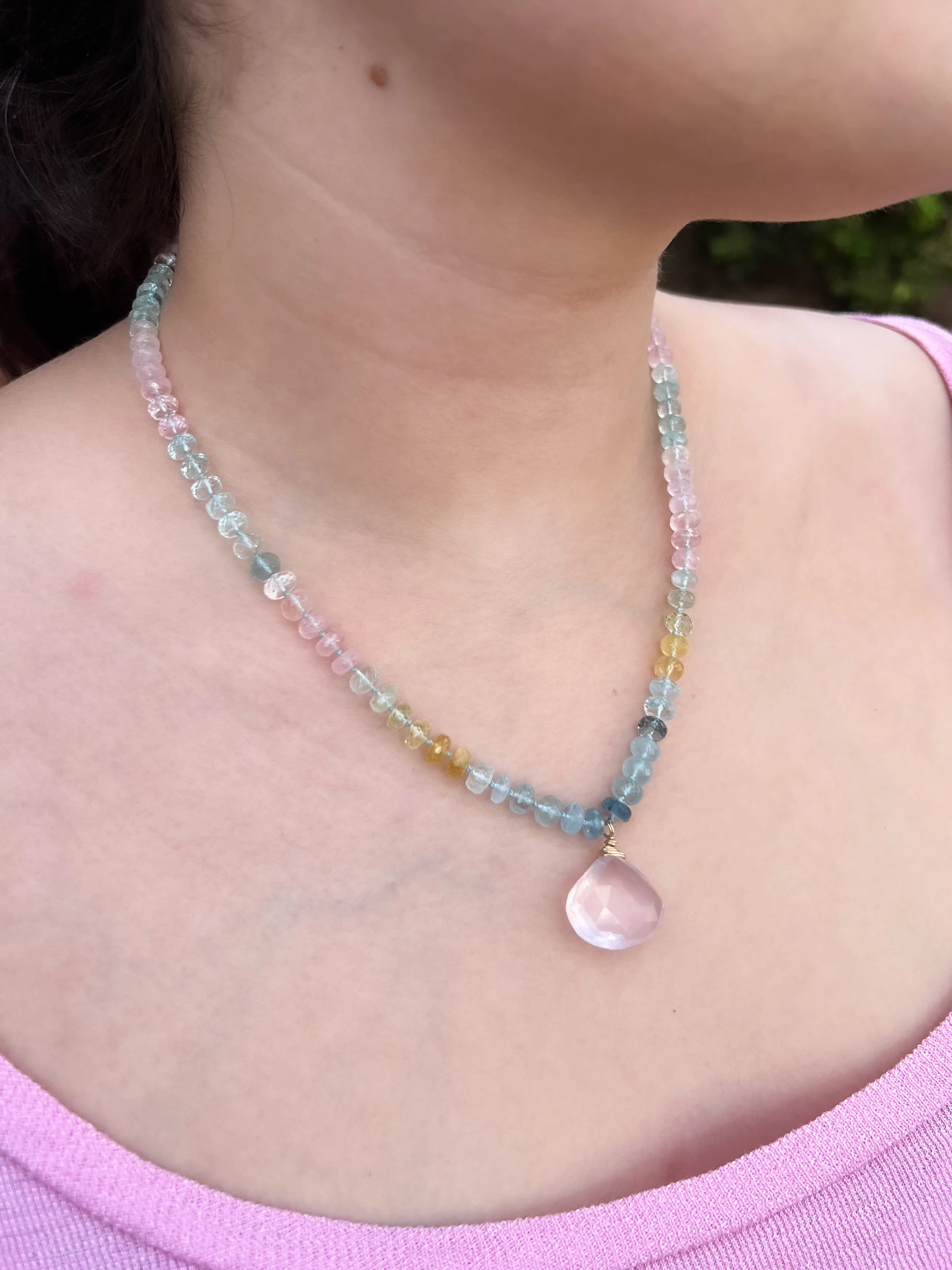 Morganite and Aquamarine Necklace with Rose Quartz Pendant