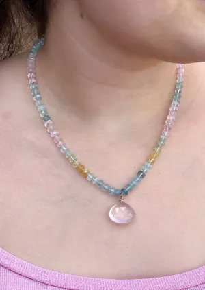 Morganite and Aquamarine Necklace with Rose Quartz Pendant