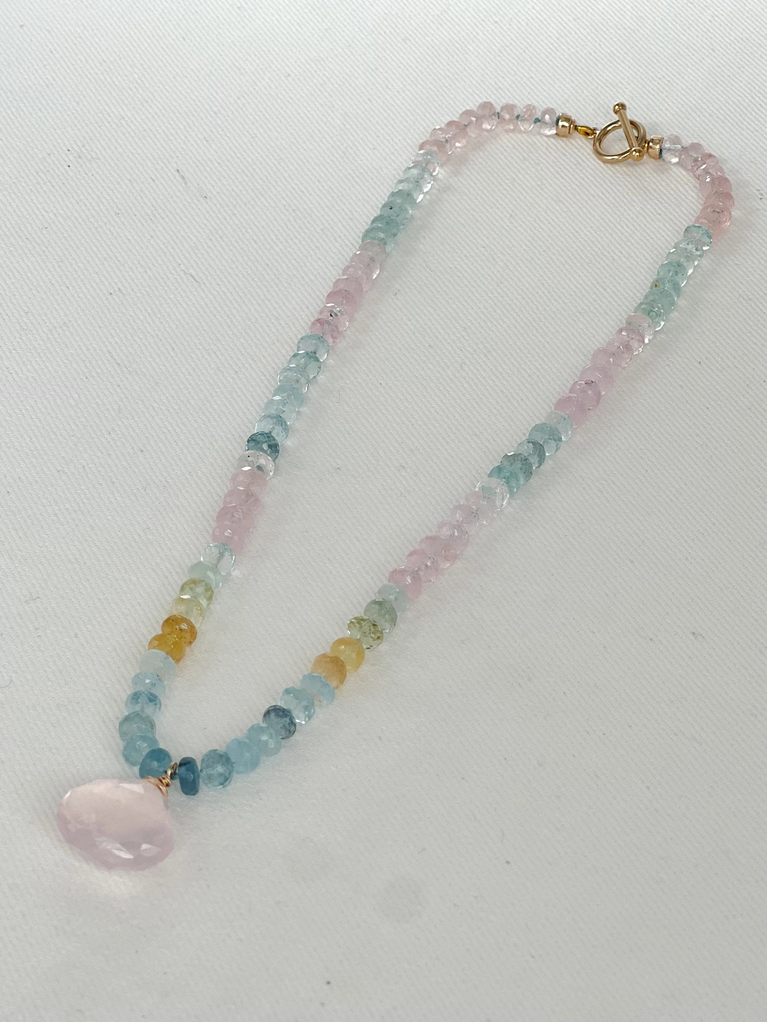 Morganite and Aquamarine Necklace with Rose Quartz Pendant