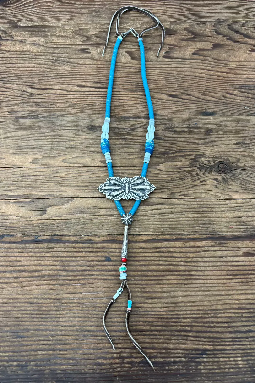 Mt. Hill "Butterfly Concho & Snake Bone Glass Beaded" Necklace