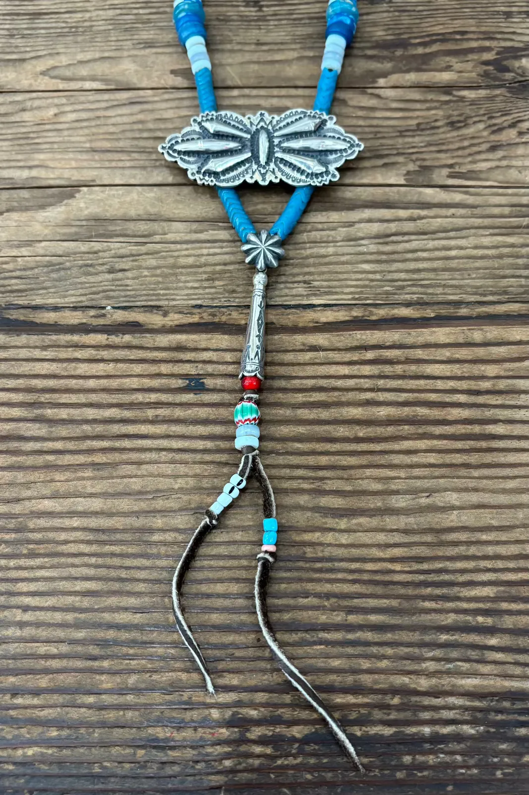 Mt. Hill "Butterfly Concho & Snake Bone Glass Beaded" Necklace