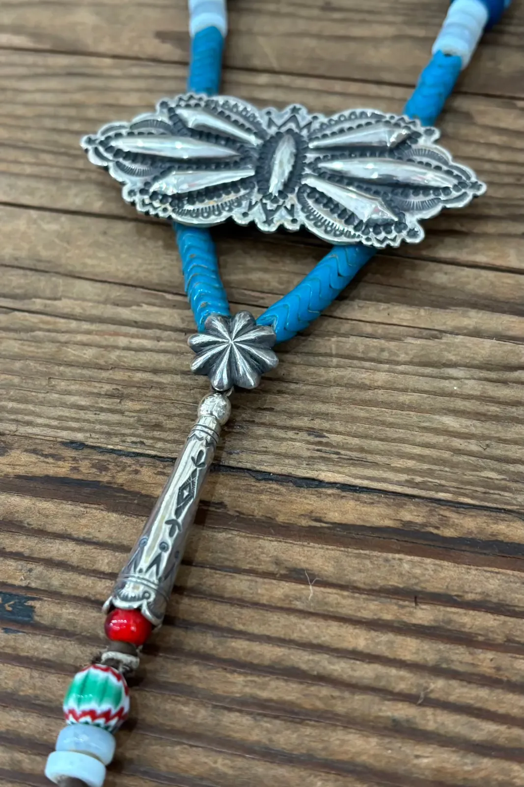 Mt. Hill "Butterfly Concho & Snake Bone Glass Beaded" Necklace