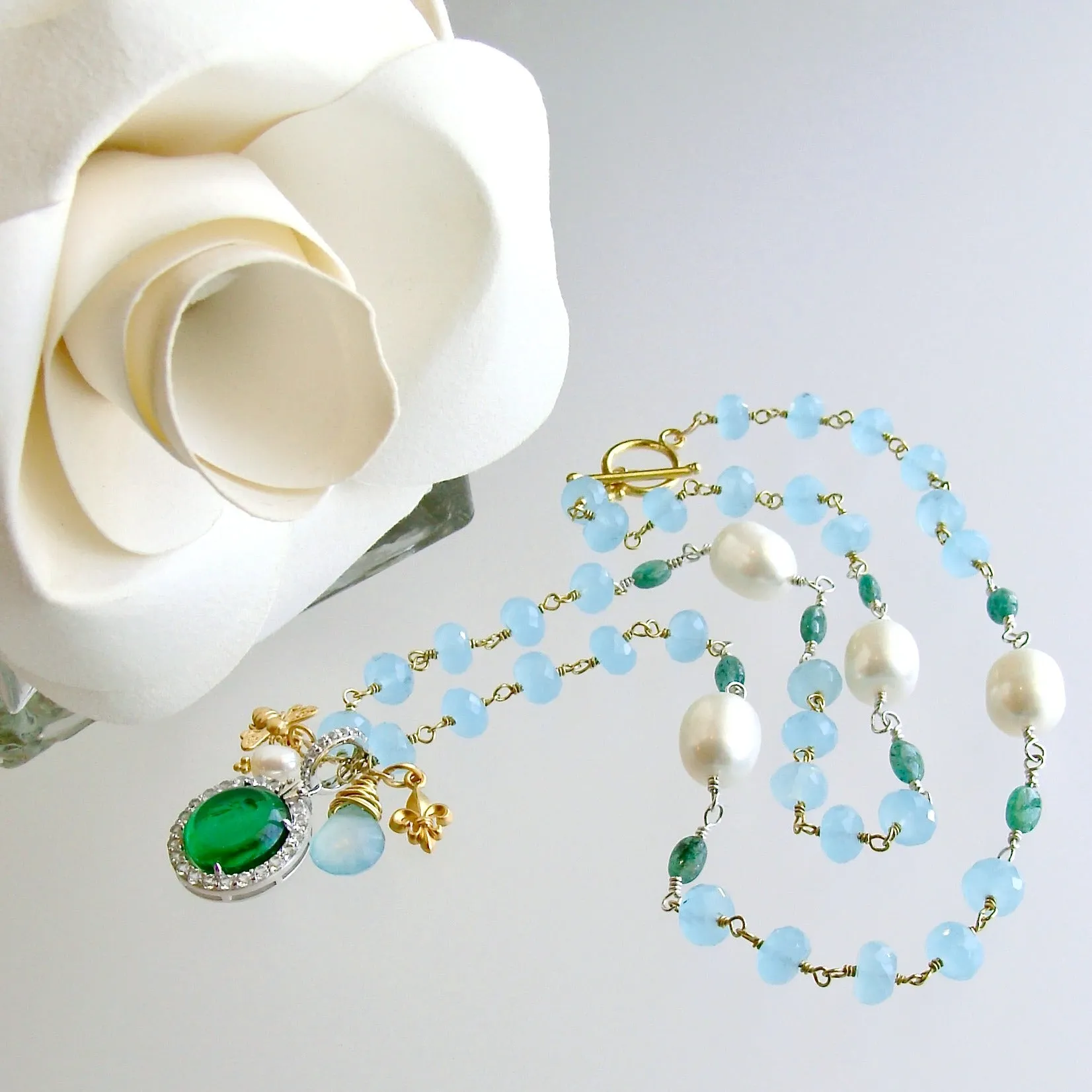 Napoleonic Bee Venetian Glass Intaglio Pendant Aqua Chalcedony Emerald Pearl Necklace - Peu d’Abelle IV Necklace