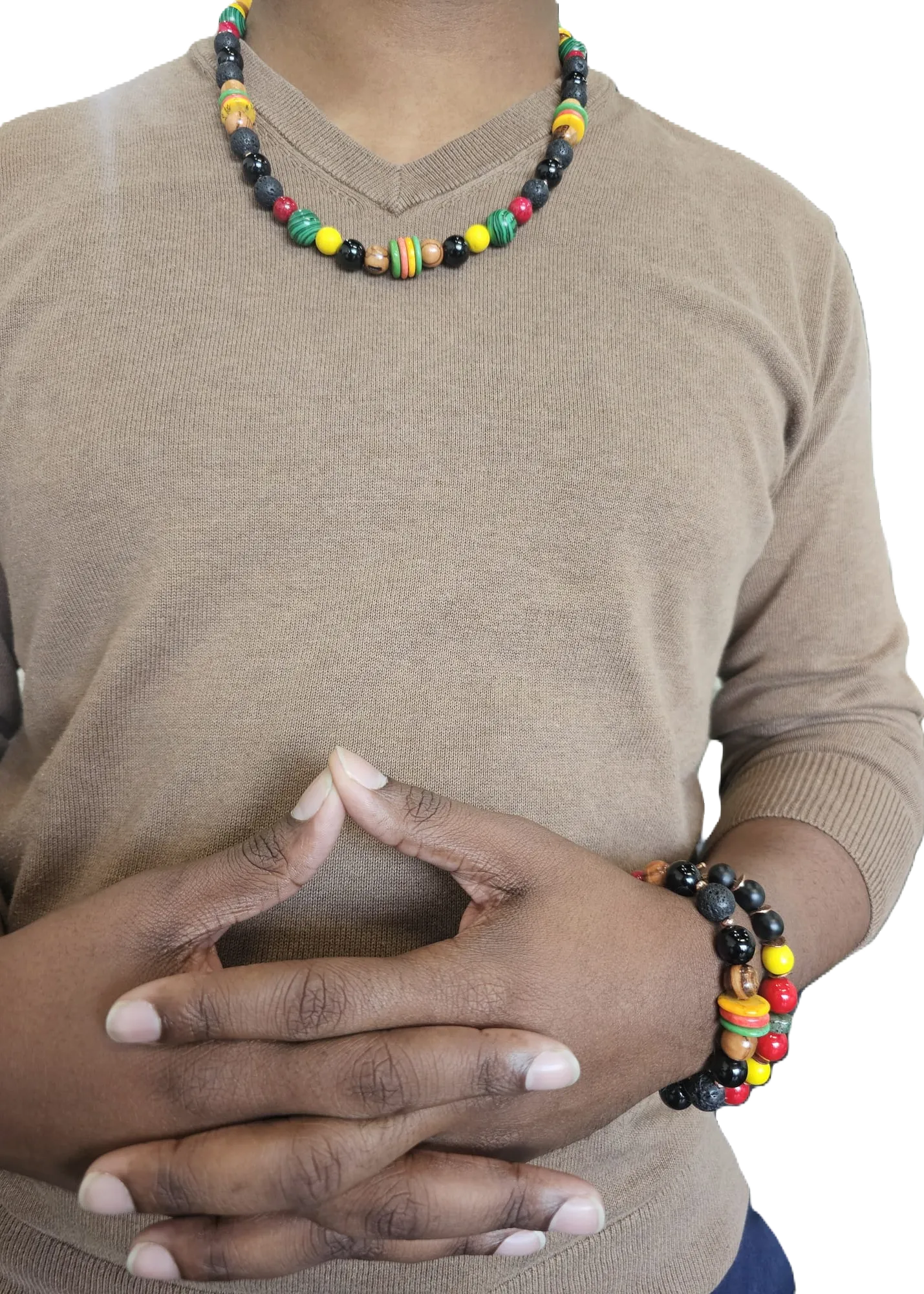 Natural Stone Bead Necklace with Malachite, Red Jade & Onyx by Tonnie's Chest
