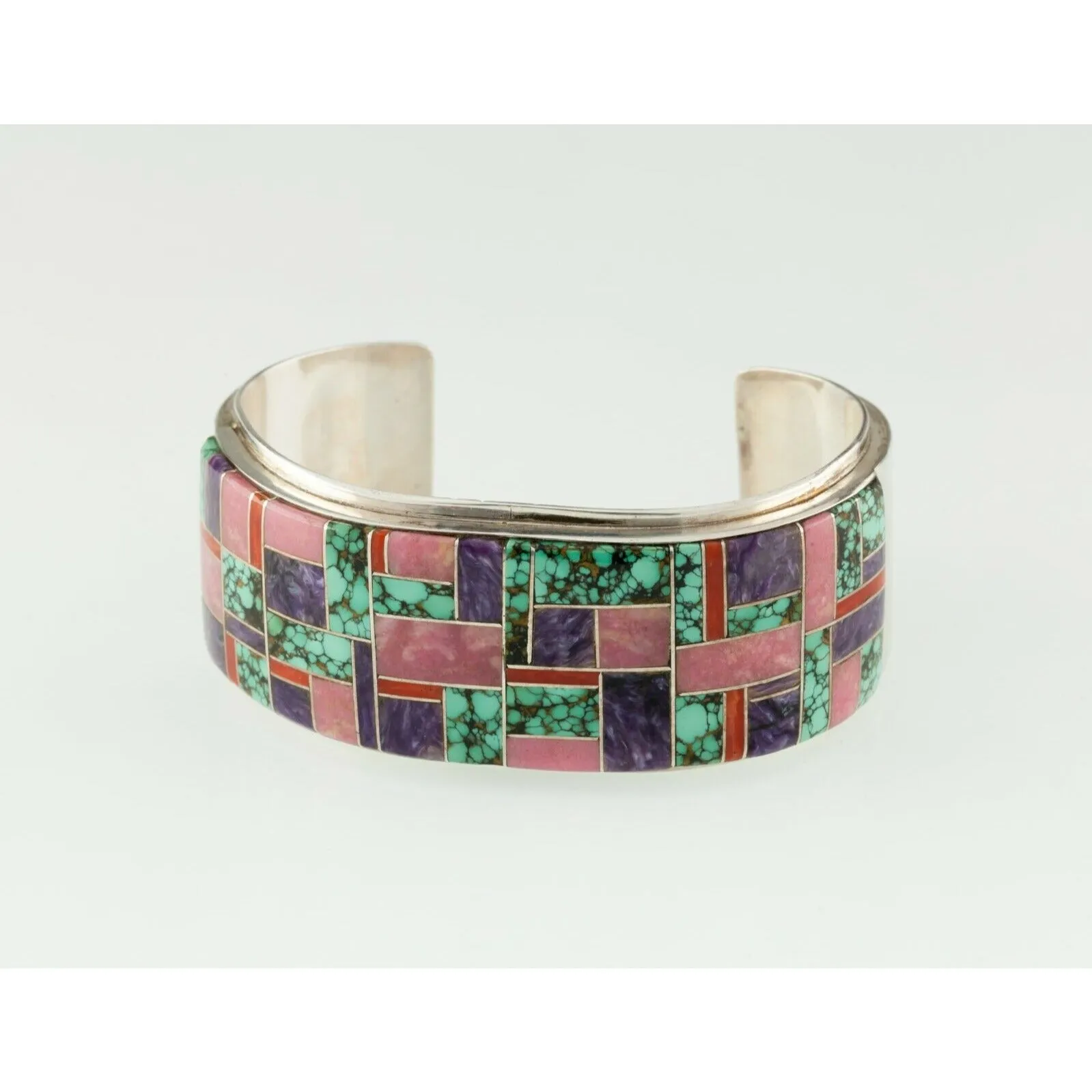 Navajo L. Silversmith Sterling Inlay Cuff Bracelet w/ Turquoise, Coral, Charoite