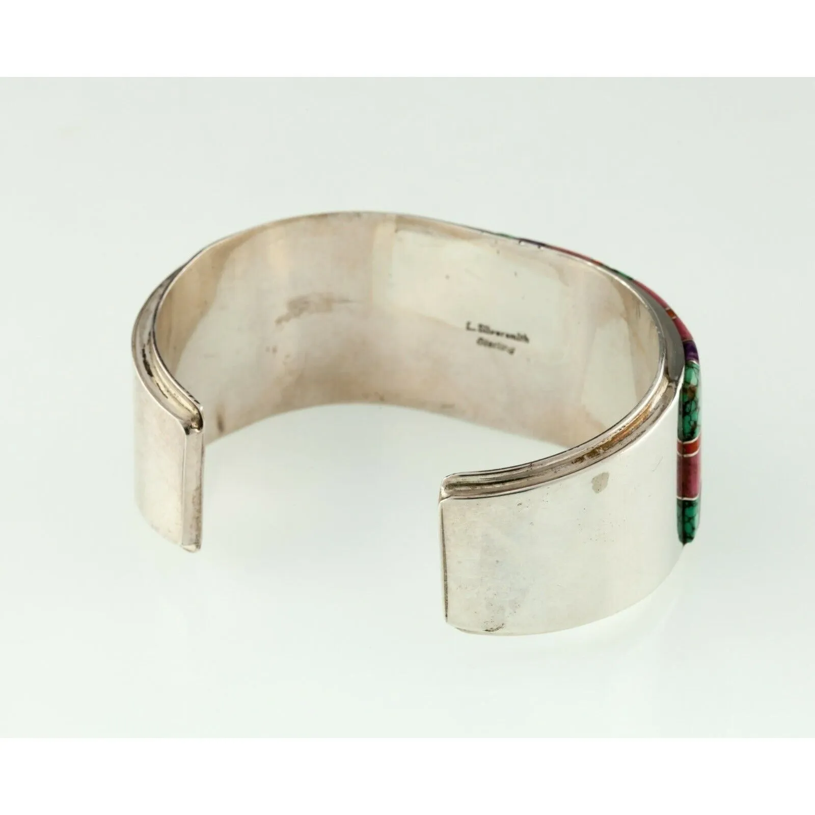 Navajo L. Silversmith Sterling Inlay Cuff Bracelet w/ Turquoise, Coral, Charoite