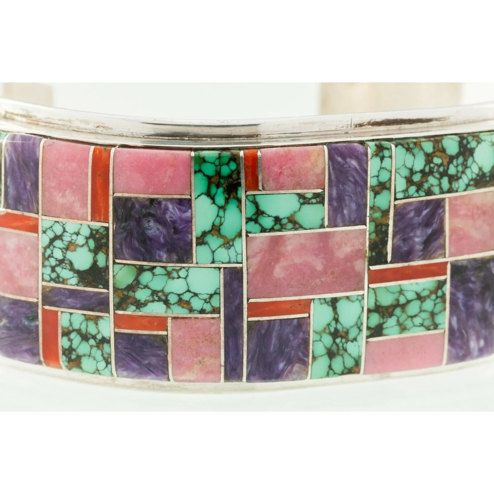 Navajo L. Silversmith Sterling Inlay Cuff Bracelet w/ Turquoise, Coral, Charoite