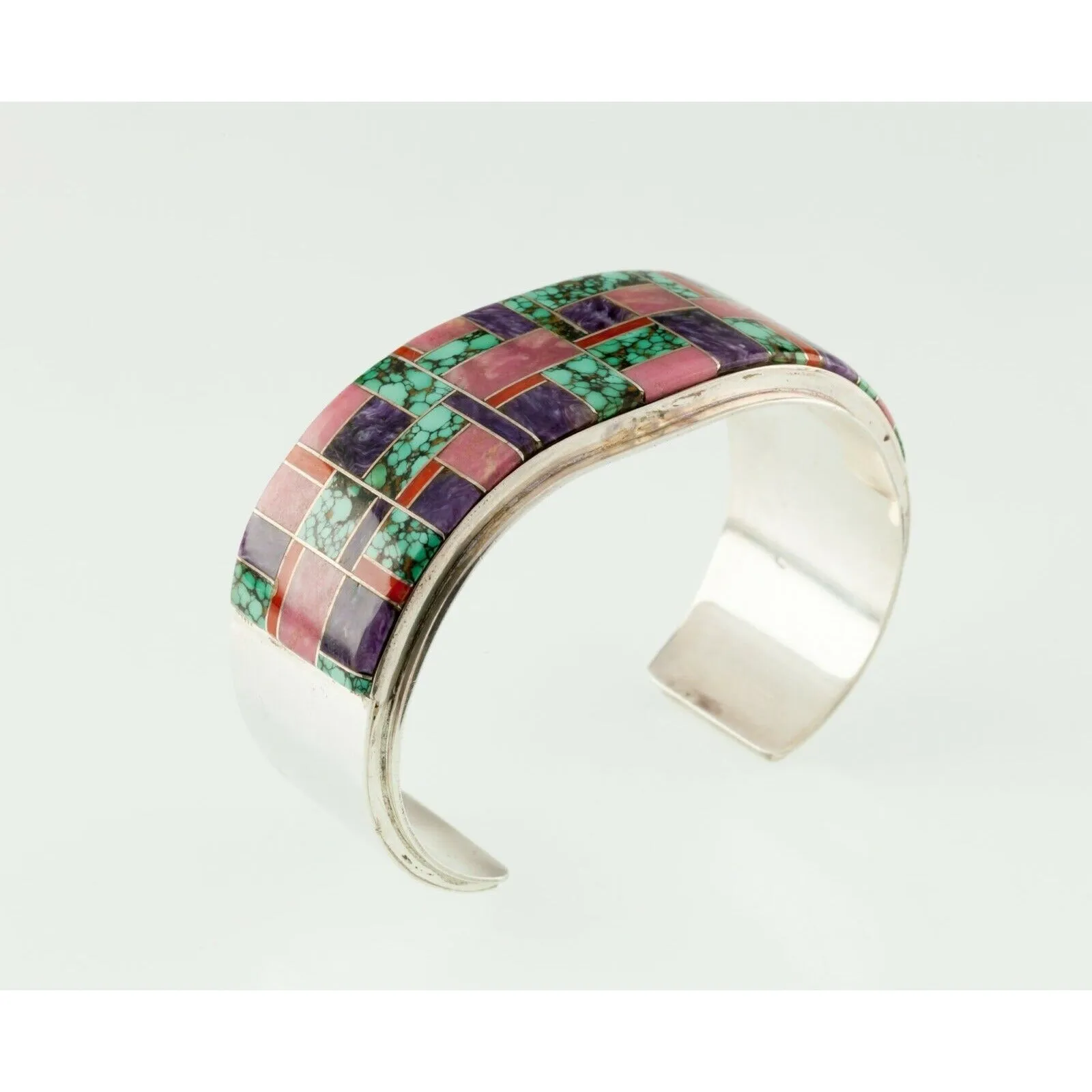 Navajo L. Silversmith Sterling Inlay Cuff Bracelet w/ Turquoise, Coral, Charoite