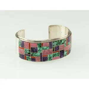 Navajo L. Silversmith Sterling Inlay Cuff Bracelet w/ Turquoise, Coral, Charoite