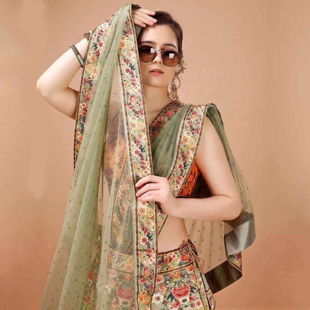 Olive Green and Yellow Lehenga Set