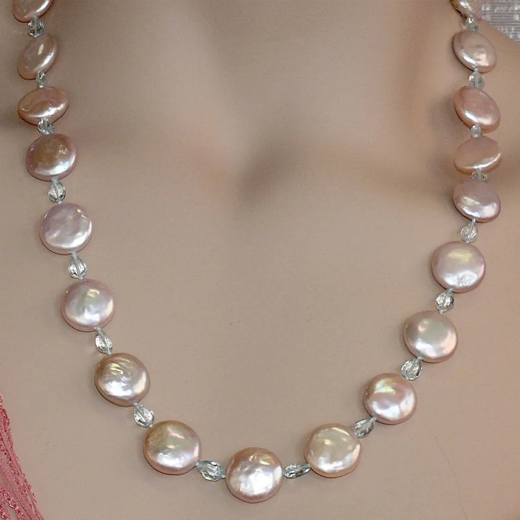 One of a Kind 23" Pink Cultured Freshwater Coin Pearl and Aquamarine Gemstone Necklace by Arpaia