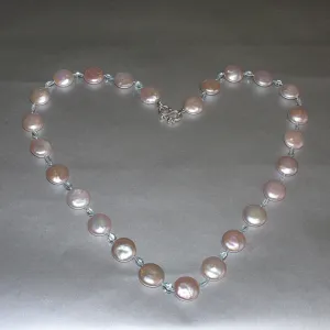 One of a Kind 23" Pink Cultured Freshwater Coin Pearl and Aquamarine Gemstone Necklace by Arpaia