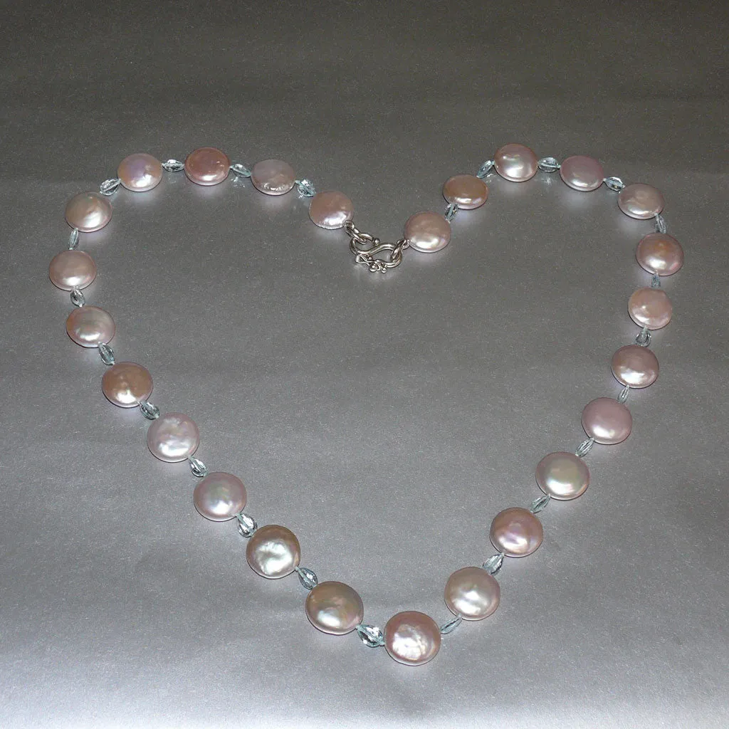 One of a Kind 23" Pink Cultured Freshwater Coin Pearl and Aquamarine Gemstone Necklace by Arpaia