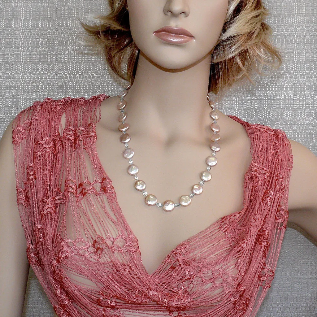 One of a Kind 23" Pink Cultured Freshwater Coin Pearl and Aquamarine Gemstone Necklace by Arpaia