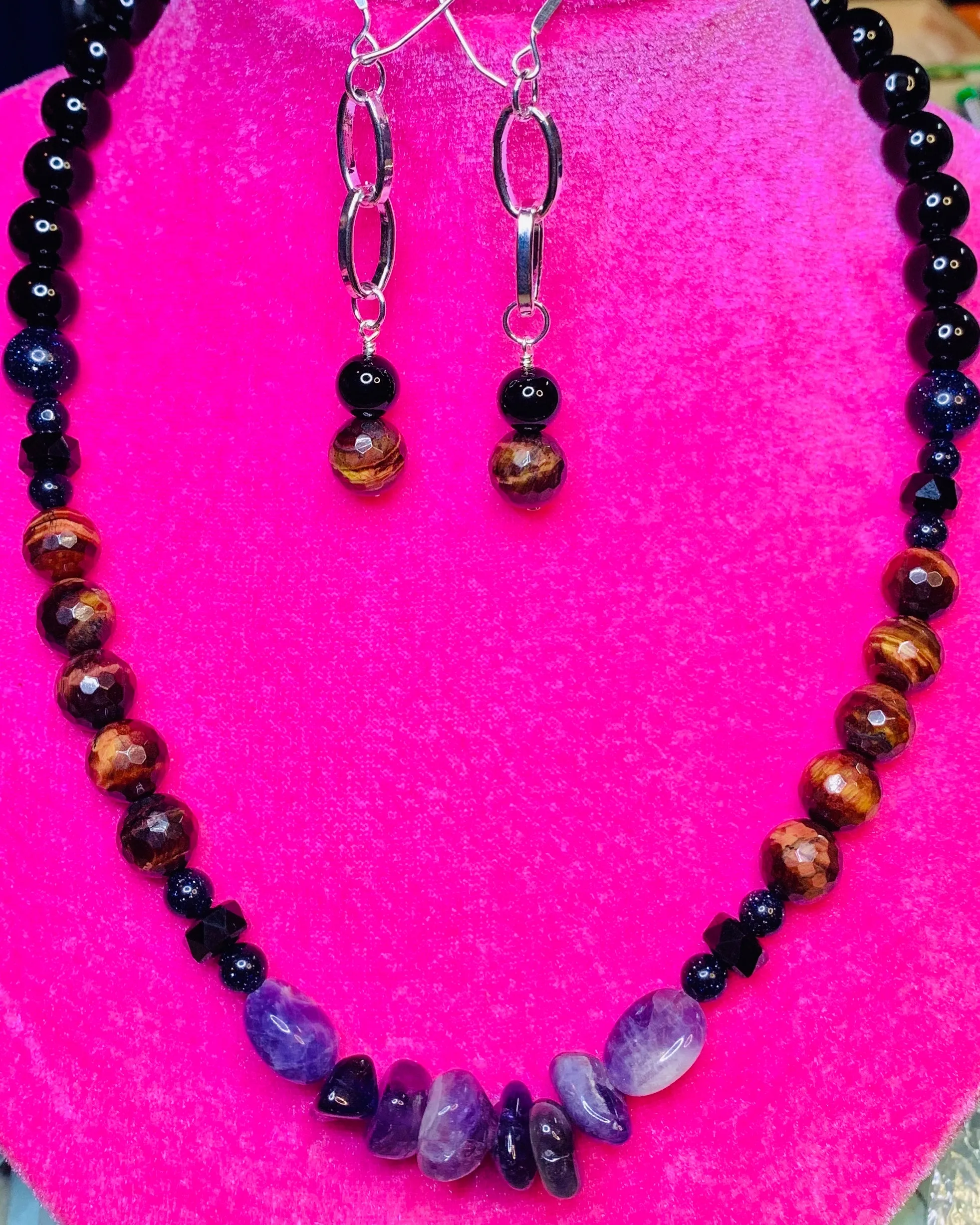 Onyx & Red Tiger Eye Necklace Set. #20008