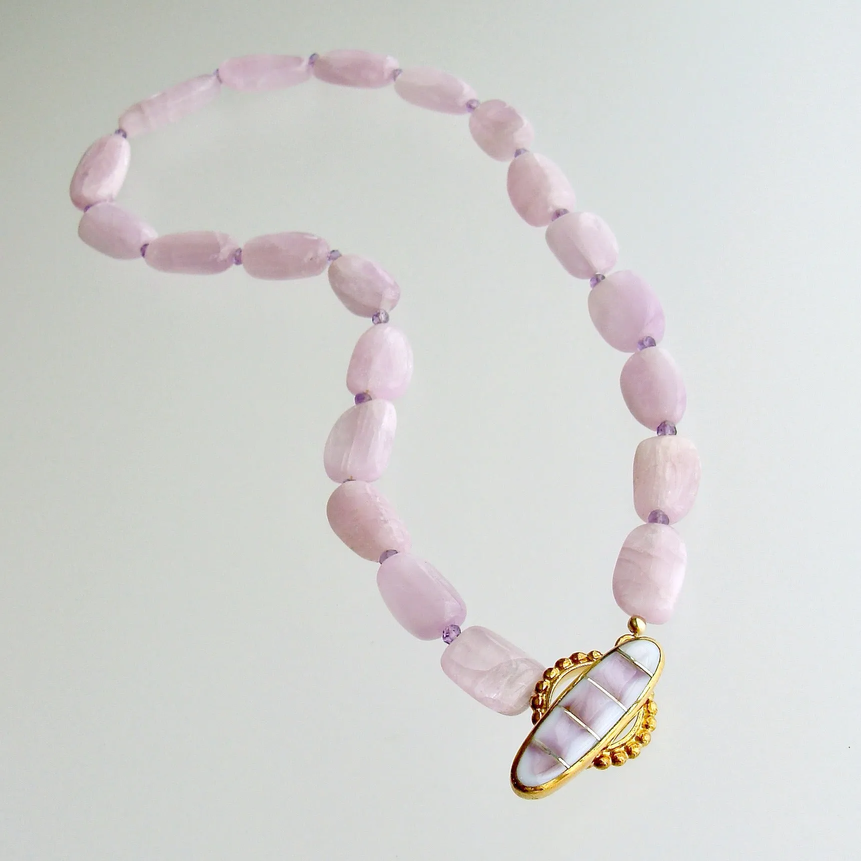 Orchid Kunzite Nuggets Amethyst Choker Necklace Shell Inlay Toggle - Orianne V Necklace