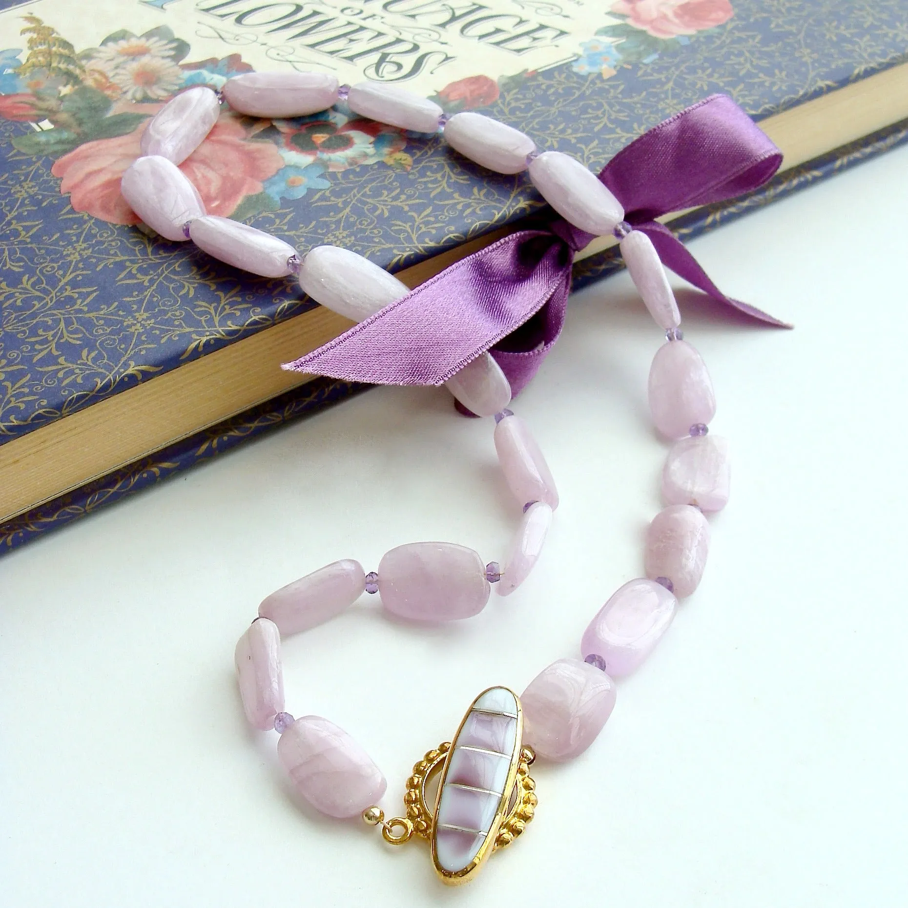 Orchid Kunzite Nuggets Amethyst Choker Necklace Shell Inlay Toggle - Orianne V Necklace