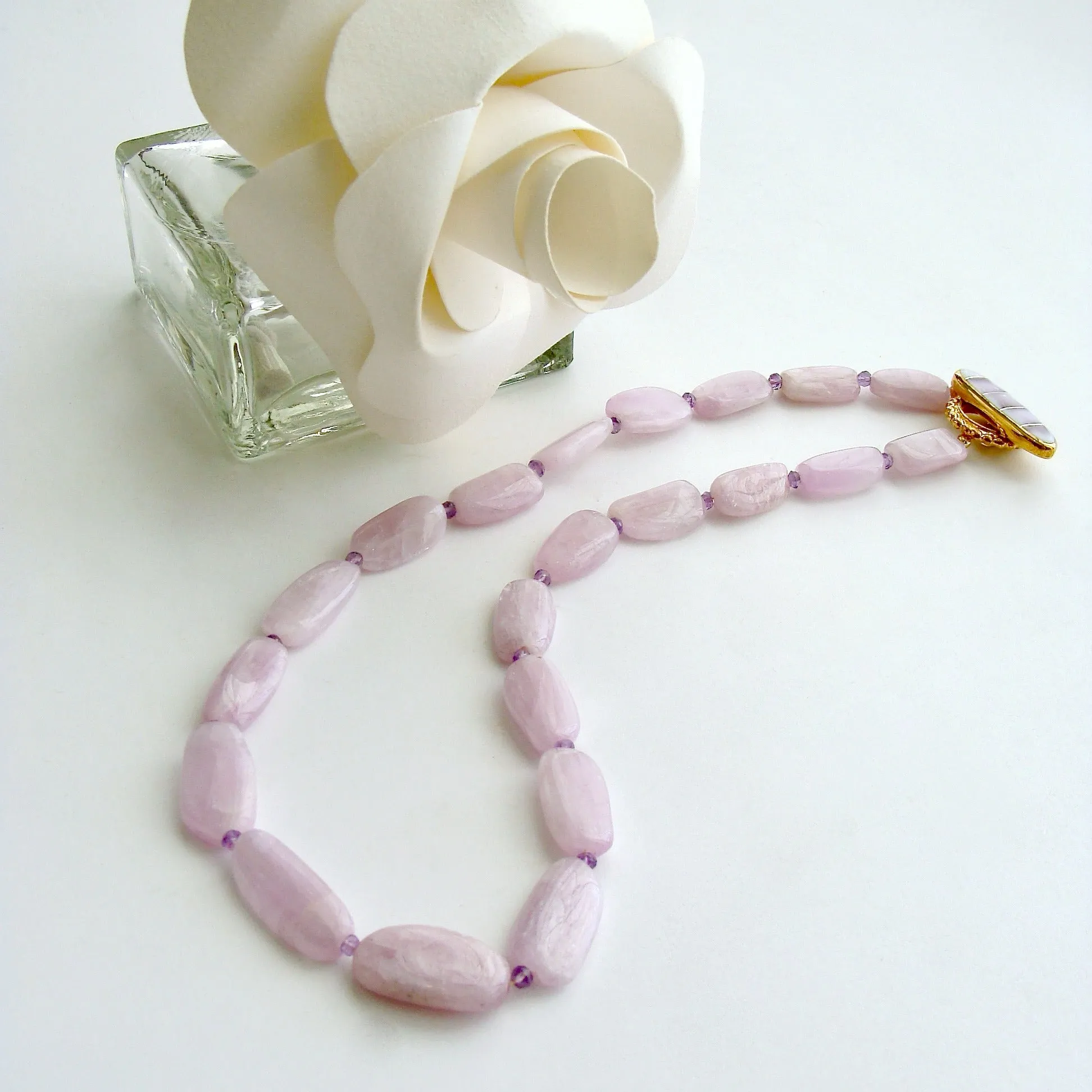 Orchid Kunzite Nuggets Amethyst Choker Necklace Shell Inlay Toggle - Orianne V Necklace