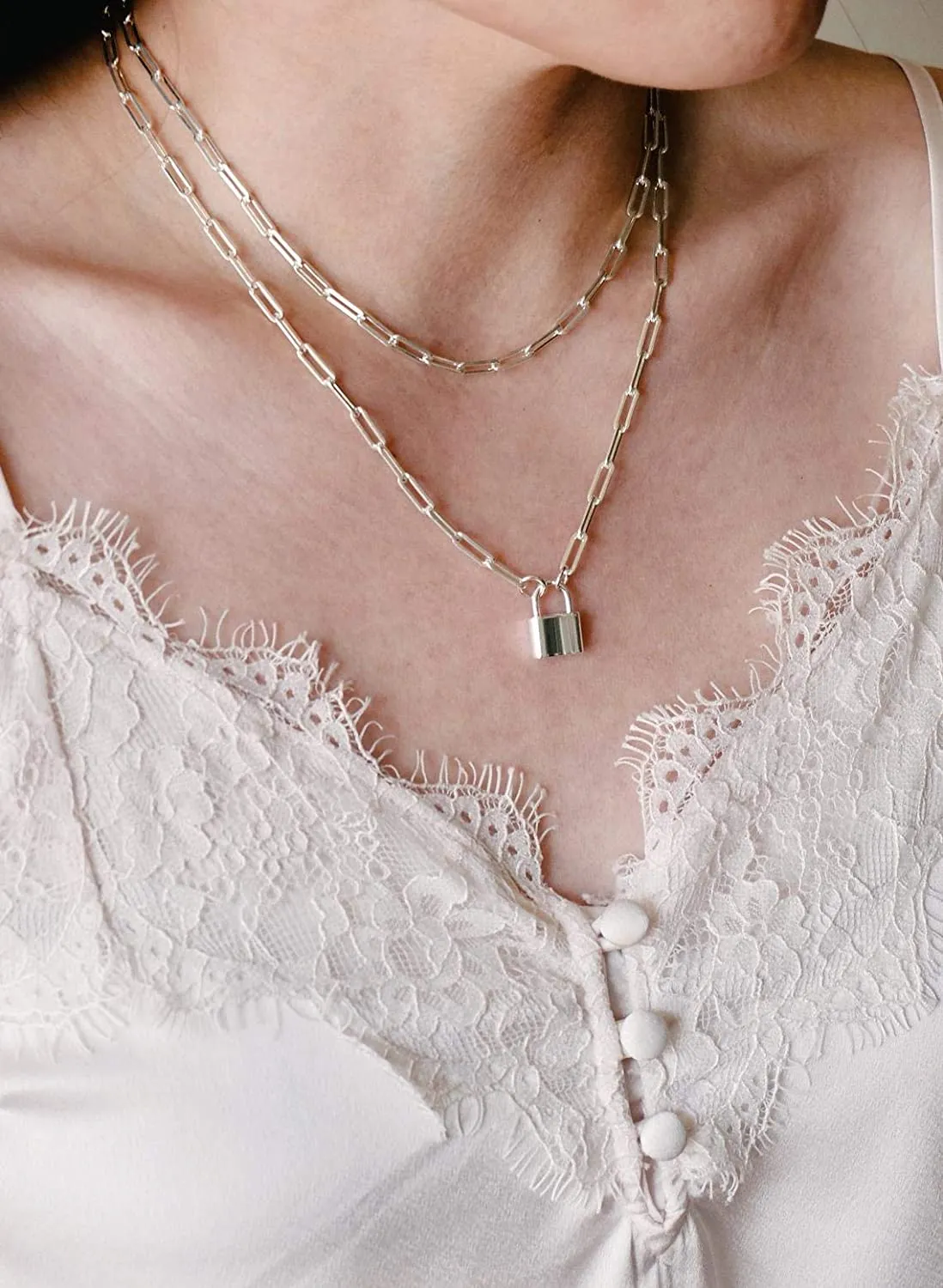 Paperclip Chain Padlock Pendant Necklace