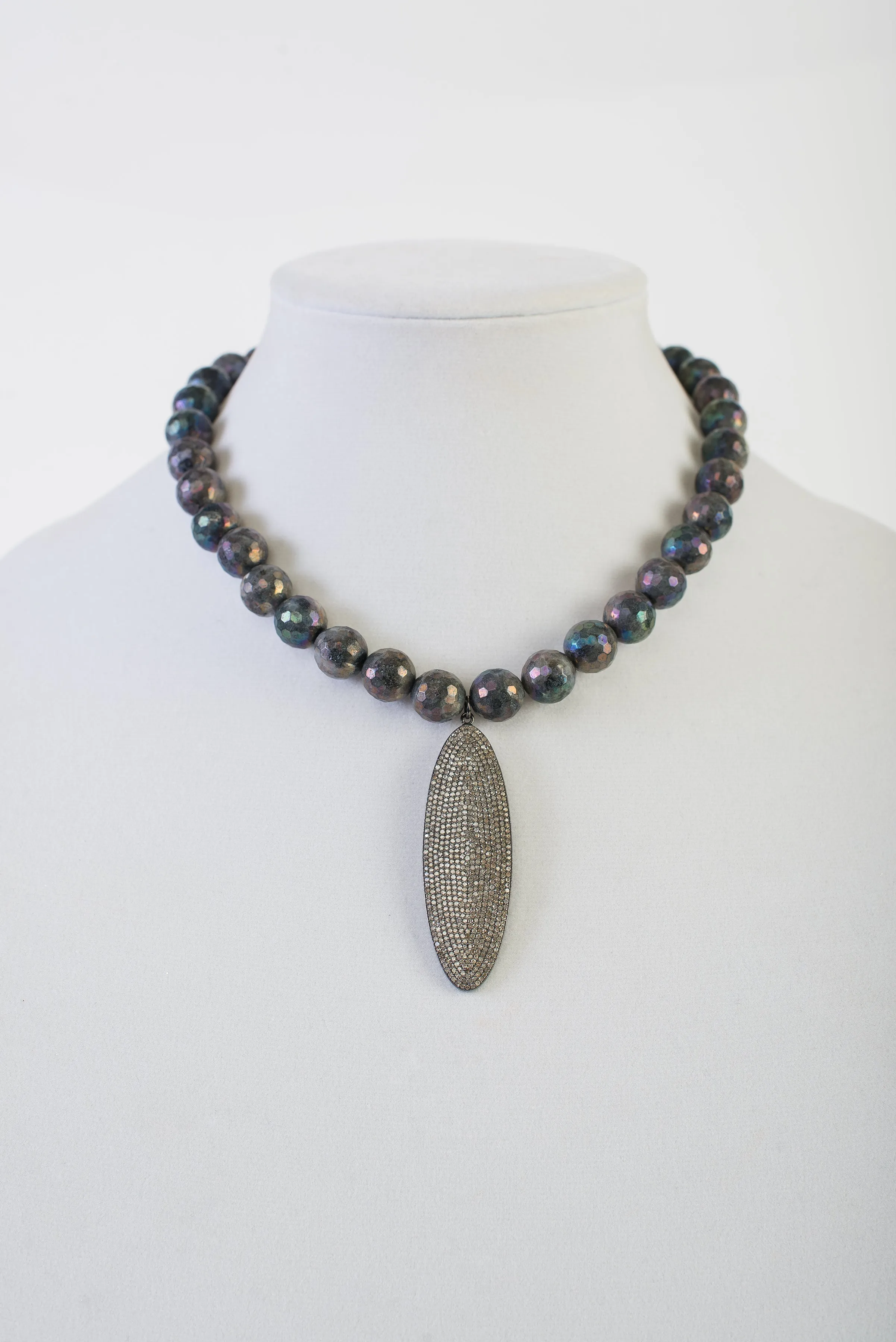 Pave diamond pendant with ab labradorite necklace