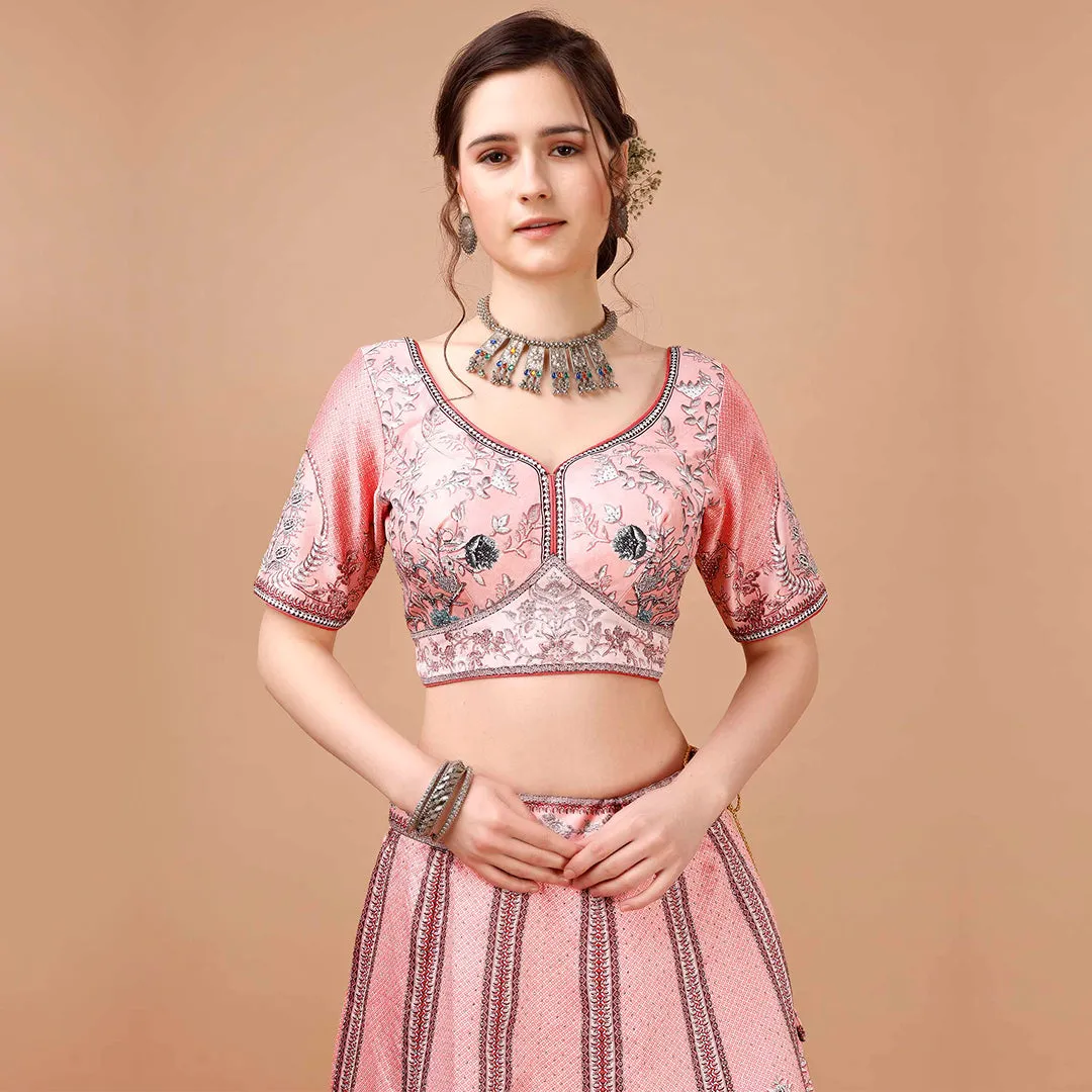 Peach Lehgenga Choli Set with Zari Embroidery