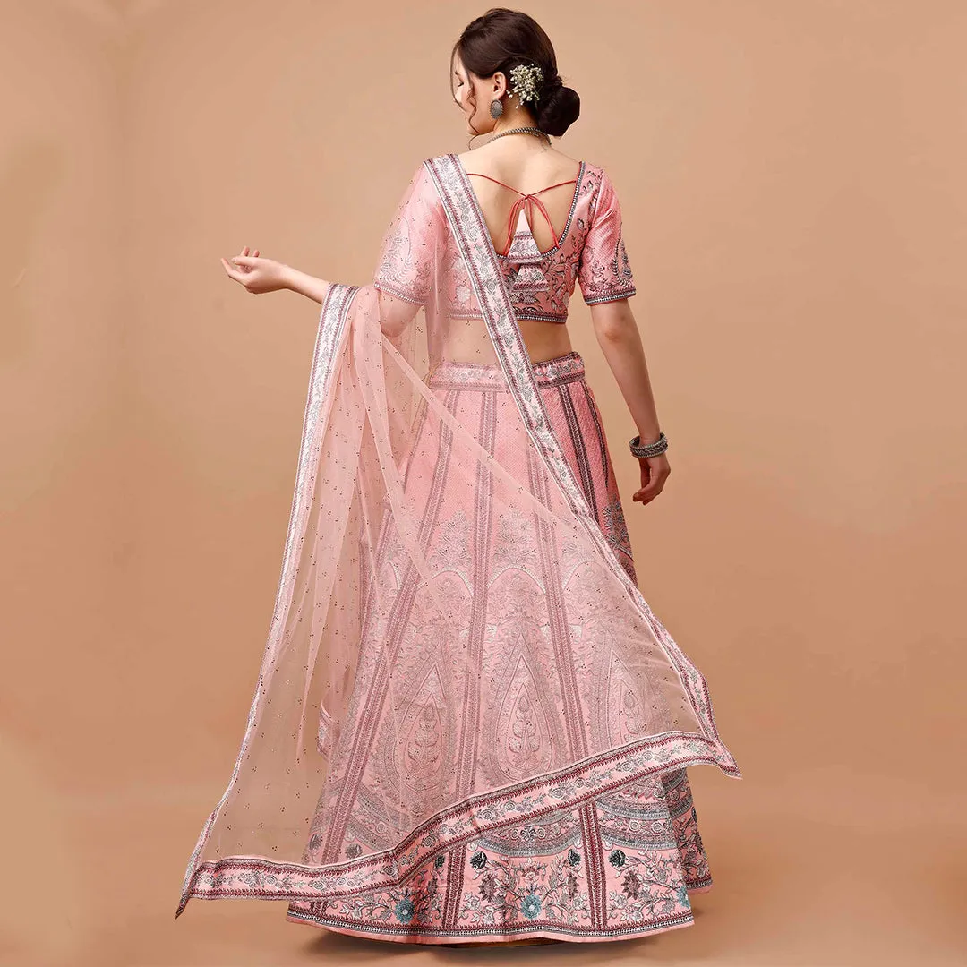 Peach Lehgenga Choli Set with Zari Embroidery