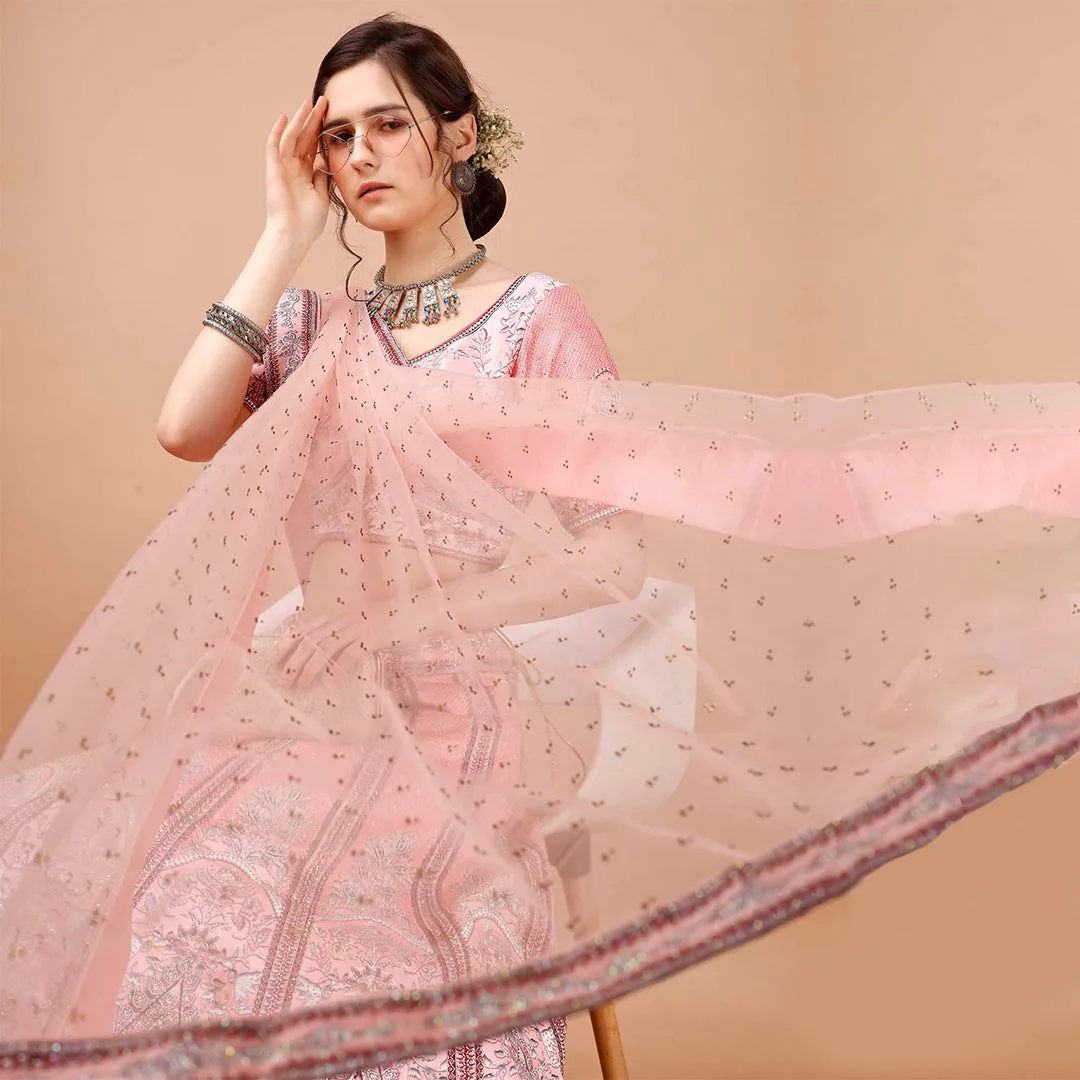 Peach Lehgenga Choli Set with Zari Embroidery