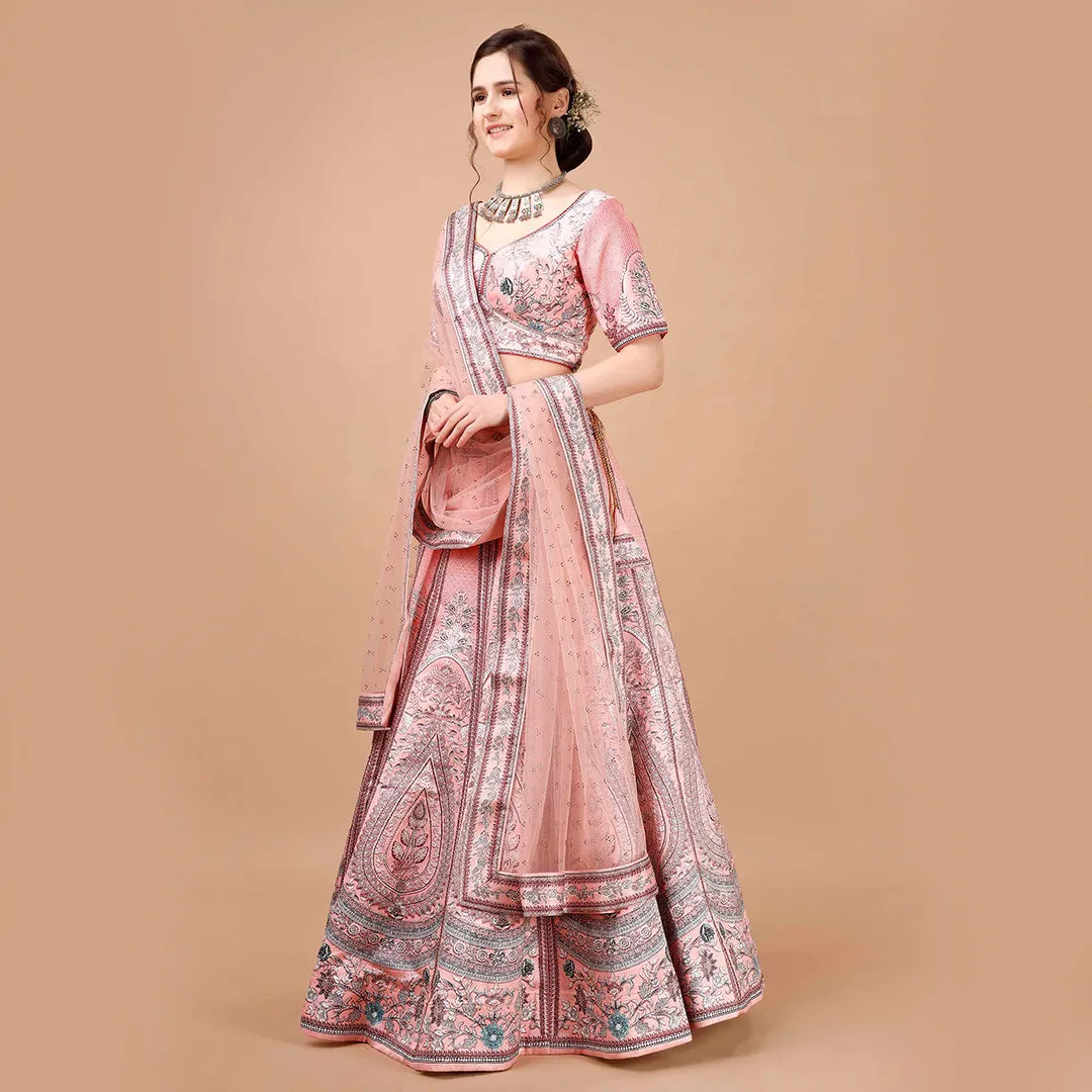 Peach Lehgenga Choli Set with Zari Embroidery