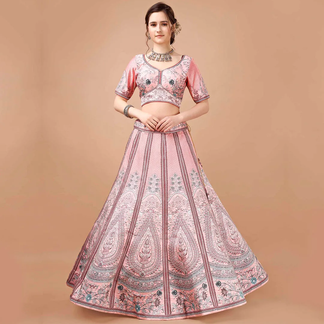 Peach Lehgenga Choli Set with Zari Embroidery