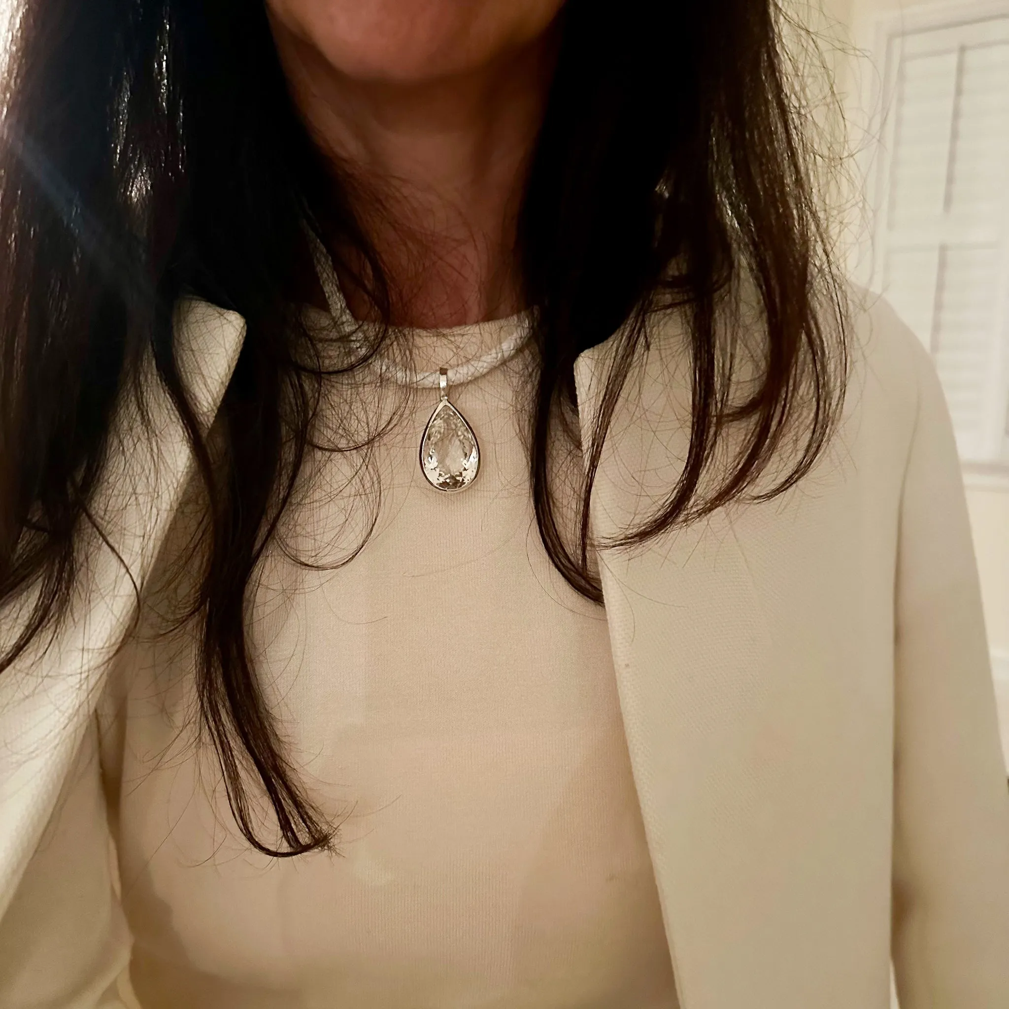 Pear Shaped white Quartz necklace with white braided leather
