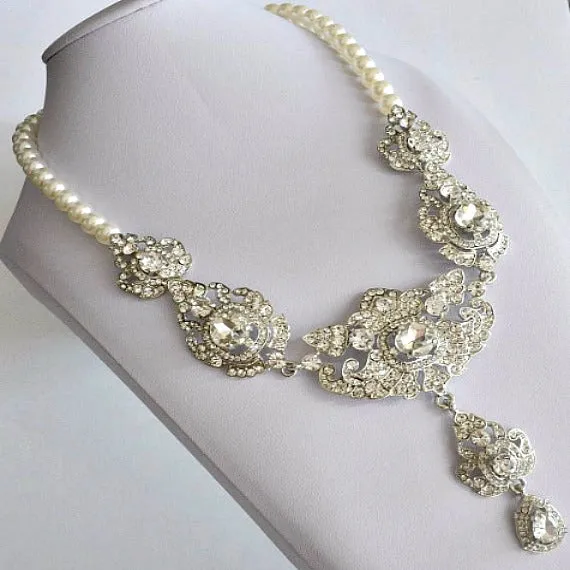 Pearl Rhinestone Wedding Necklace, Crystal Filigree Bridal Necklace, Victorian Statement Choker Necklace, Vintage Style Wedding Jewelry