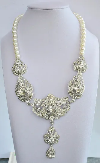 Pearl Rhinestone Wedding Necklace, Crystal Filigree Bridal Necklace, Victorian Statement Choker Necklace, Vintage Style Wedding Jewelry