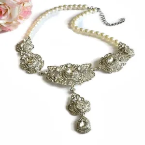 Pearl Rhinestone Wedding Necklace, Crystal Filigree Bridal Necklace, Victorian Statement Choker Necklace, Vintage Style Wedding Jewelry