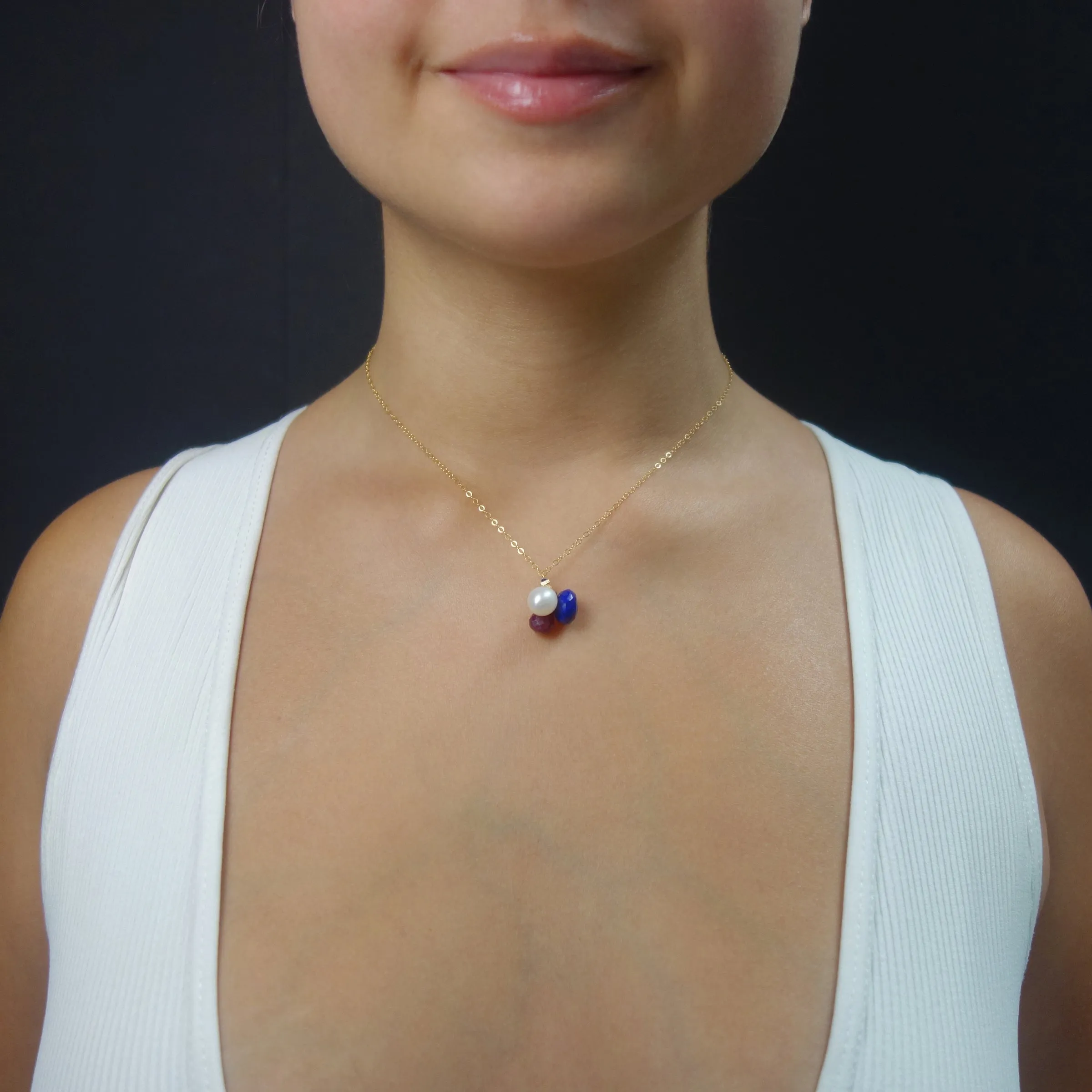 Pearl, Ruby, and Lapis gold necklace