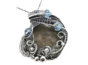 Petoskey Stone Pendant Necklace in Sterling Silver, Wire Wrapped with Blue Topaz