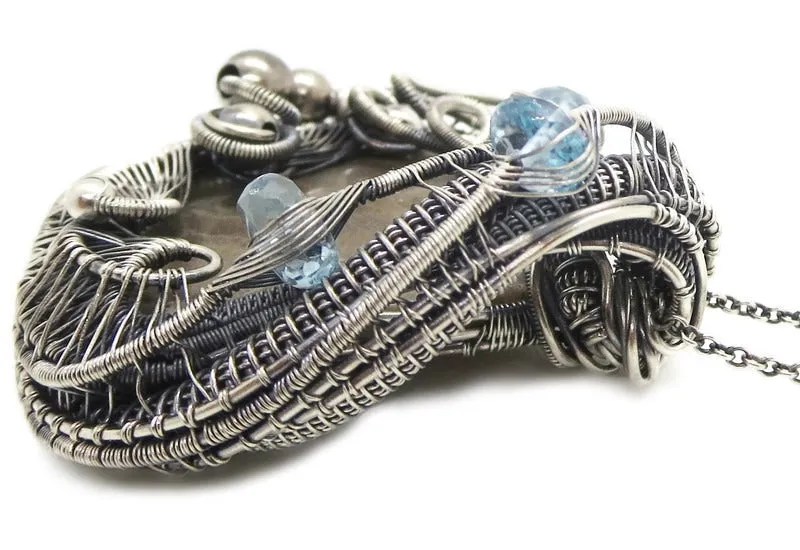 Petoskey Stone Pendant Necklace in Sterling Silver, Wire Wrapped with Blue Topaz