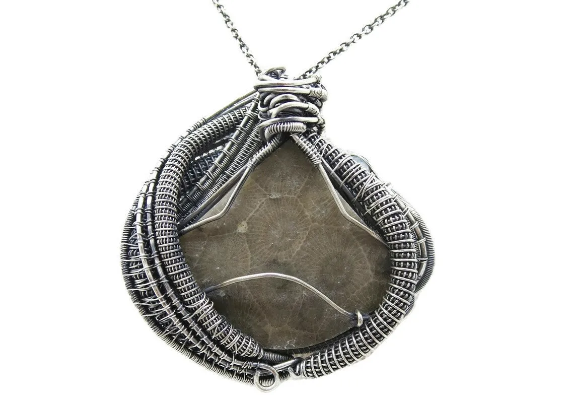 Petoskey Stone Pendant Necklace in Sterling Silver, Wire Wrapped with Blue Topaz