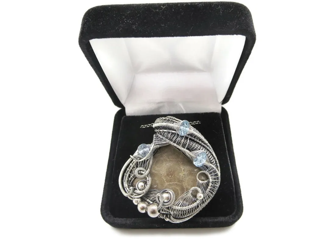 Petoskey Stone Pendant Necklace in Sterling Silver, Wire Wrapped with Blue Topaz