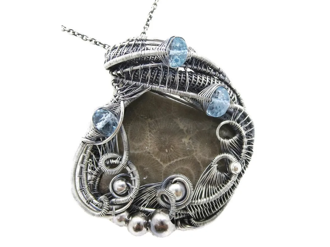 Petoskey Stone Pendant Necklace in Sterling Silver, Wire Wrapped with Blue Topaz
